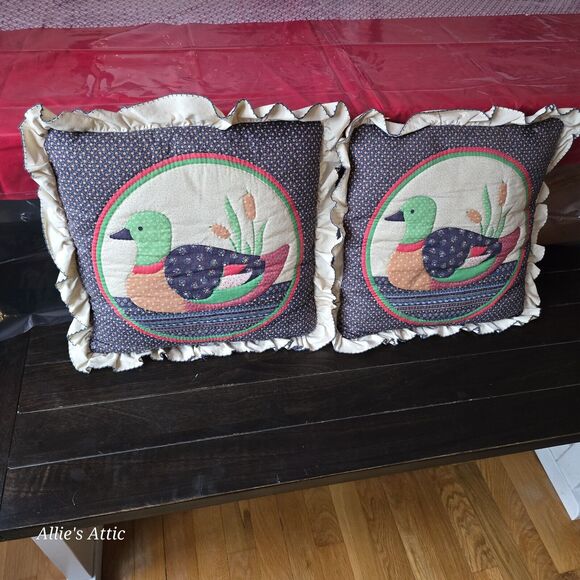 2 Handmade Mallard Duck Colorful Throw Couch Pillow Blue Embroidered Ruffle 15" - Picture 1 of 6